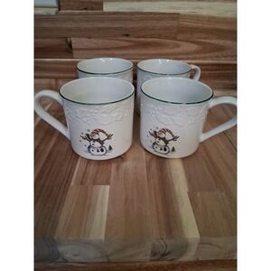 VTG GEI Holiday Christmas Cup Snowman & Holly Embossed White Green Trim Set of 4